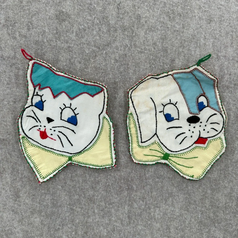 VTG Lightweight Potholders Vintage Cat Dog Embroidered Handmade Decor